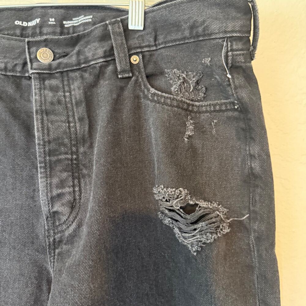 OLD NAVY DISTRESS HIGH RISE SLOUCHY CURVY STRAIGHT BLACK JEANS 14T Black - Picture 7 of 10